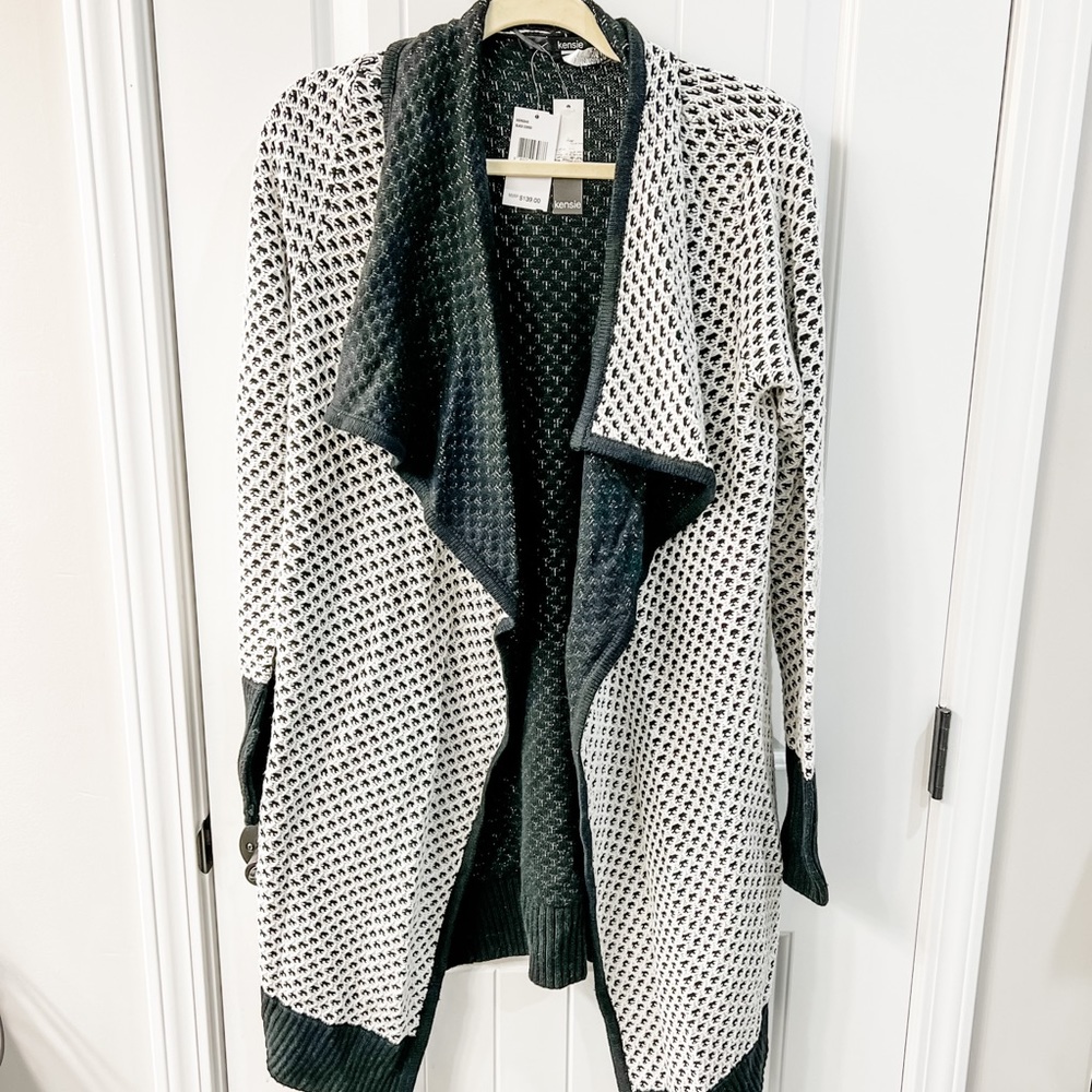 Kensie Black and White Fishnet Pattern Long Sleeve Sweater Cardigan Size Small - Picture 2 of 11